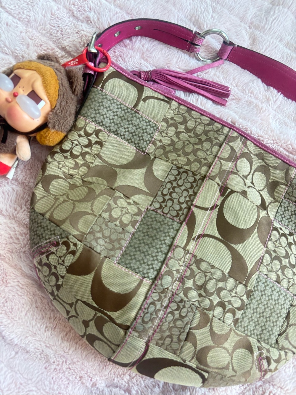 2000s Coach Patchwork Signature SoHo Hobo Bag in Olive with Pink Trim